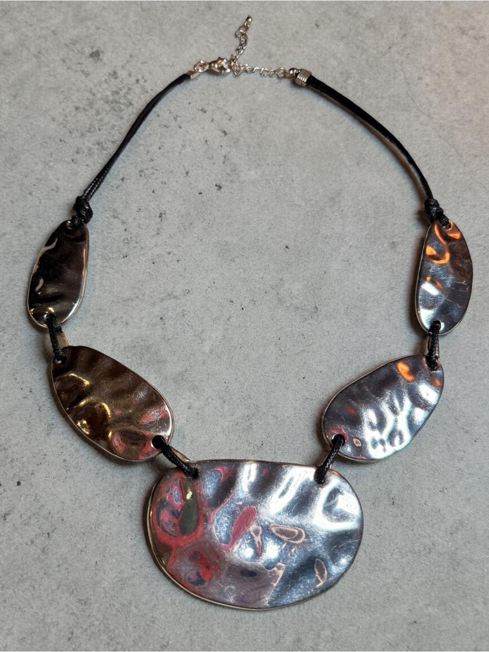 Handcrafted Hammered Metal Statement Necklace - Black Cord, Silver Tone